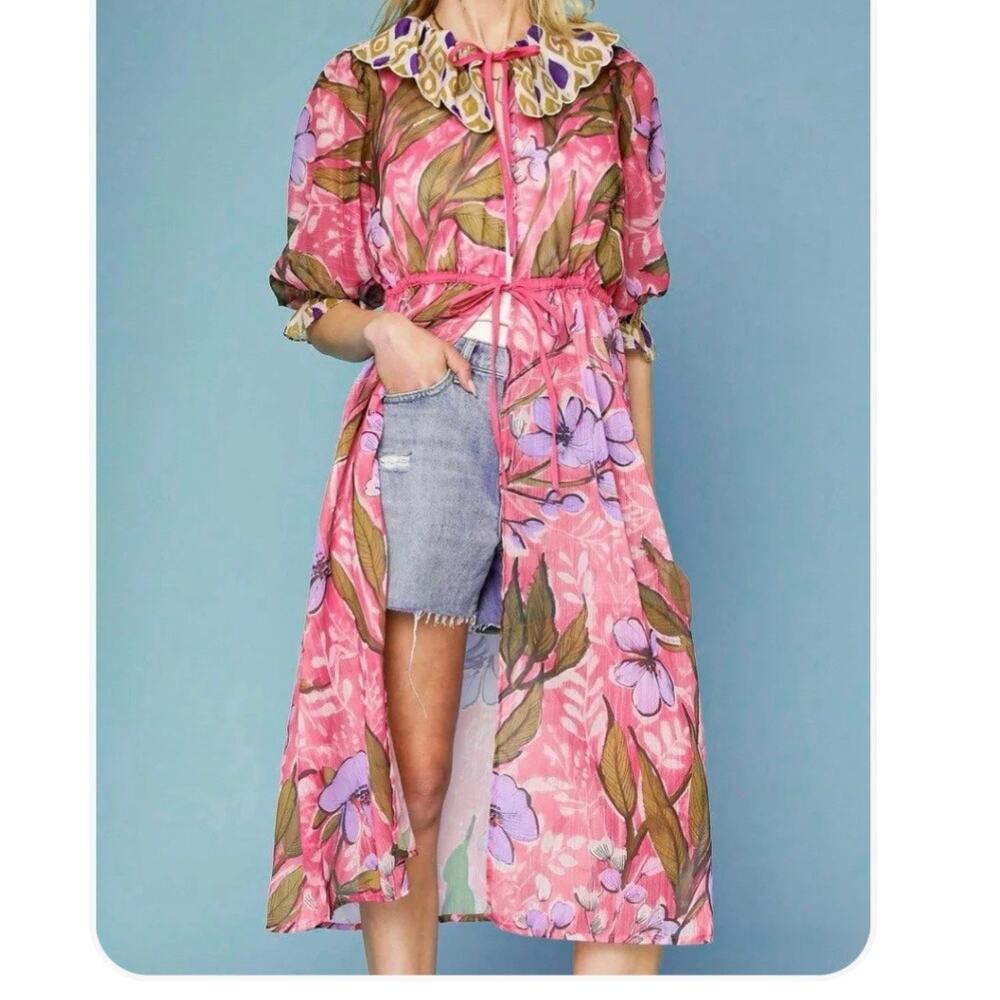 Umgee Floral Ruffle Trim Boho Long Kimono Cardigan Women's Medium Pink